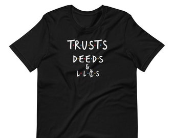 信託、証書、LLC ブラック 半袖、ユニセックス T シャツ、グラフィック シャツ、ユニセックス 半袖 T シャツ、ダーク グレー ラウンド ネック インスピレーション T シャツ