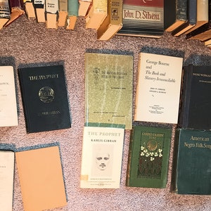 Puede incluir: Una colecci&oacute;n de libros antiguos de tapa dura con varios t&iacute;tulos y autores. Los libros est&aacute;n dispuestos en una fila sobre una alfombra. Algunos de los libros tienen una cubierta verde, mientras que otros tienen una cubierta negra o marr&oacute;n. Los libros est&aacute;n en buen estado y parecen estar bien cuidados.
