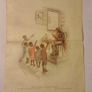 May include: A vintage illustration of a classroom scene with a teacher and students. The teacher is a Black man wearing a suit and tie, sitting at a desk with a book. The students are Black children, standing in a line and raising their hands. The classroom is decorated with a sign that reads "Cream of Wheat".