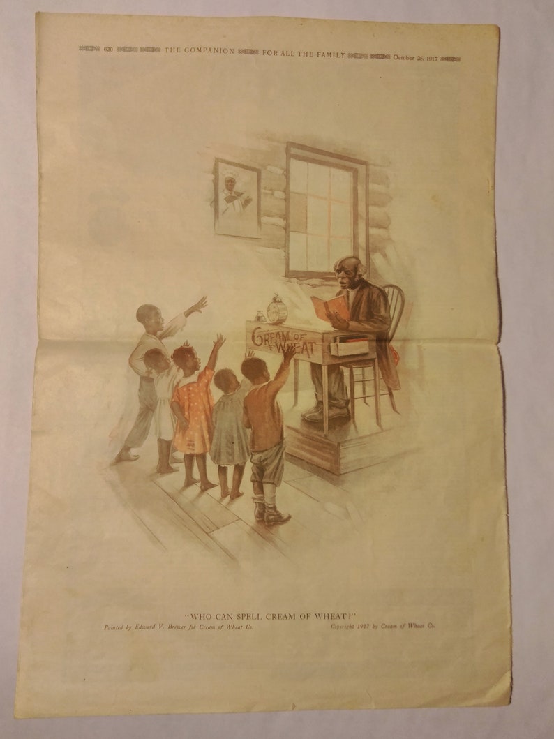 May include: A vintage illustration of a classroom scene with a teacher and students. The teacher is a Black man wearing a suit and tie, sitting at a desk with a book. The students are Black children, standing in a line and raising their hands. The classroom is decorated with a sign that reads "Cream of Wheat".