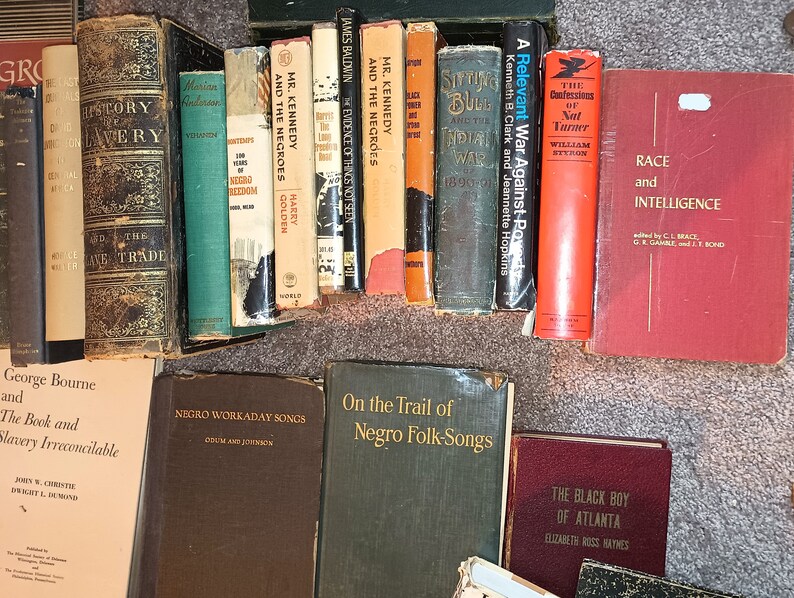 Puede incluir: Una colecci&oacute;n de libros antiguos con t&iacute;tulos relacionados con la raza, la esclavitud y la experiencia negra en Am&eacute;rica. Los libros est&aacute;n dispuestos en una fila sobre una superficie marr&oacute;n claro.