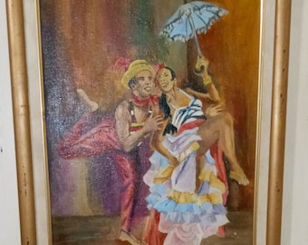 May include: A framed oil painting depicting a couple in colorful costumes dancing. The woman is wearing a pink, yellow, and blue dress with ruffles. The man is wearing a red, purple, and yellow costume. They are holding a blue and white umbrella.