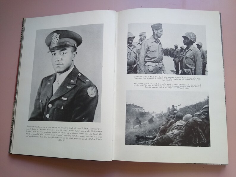 May include: Two black and white photographs of soldiers in uniform. The first photo shows a soldier in a military uniform with a serious expression. The second photo shows two soldiers talking to each other. The text below the photos reads "Lieutenant George Mott W. Clark, Commanding General Field Army, with the Lieutenant John Booker, Commanding the combat zone of the 3rd Infantry Division."