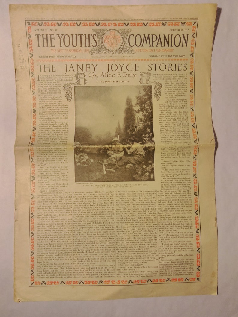 May include: A vintage magazine cover for The Youth's Companion, dated October 24, 1913. The cover features a black and white illustration of a young woman sitting in a field of tall grass, with a book in her lap. The magazine title is printed in bold, red letters.