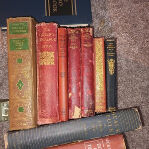 Puede incluir: Una colecci&oacute;n de libros antiguos de tapa dura con letras doradas y dise&ntilde;os decorativos. Los libros incluyen t&iacute;tulos como "El collar de la reina", "Los tres mosqueteros" y "El conde de Montecristo".