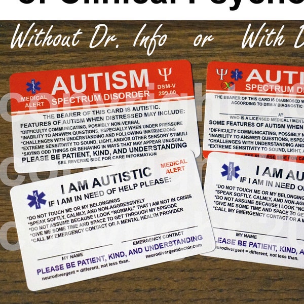 Autism Medical Card, Autism Emergency Card, I am Autistic card for your wallet