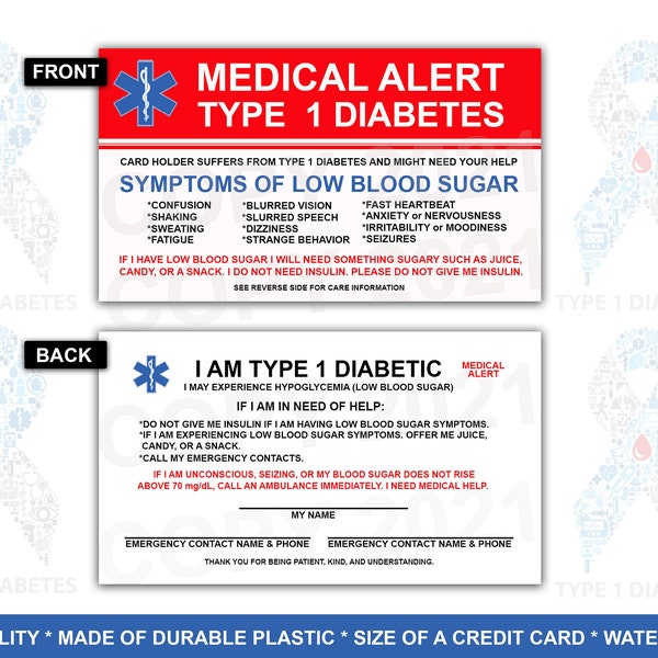 Type 1 Diabetes Medical Card,  Diabetes Medical Alert, Emergency Card, I amType 1 Diabetic card for your wallet,  FREE SHIPPING