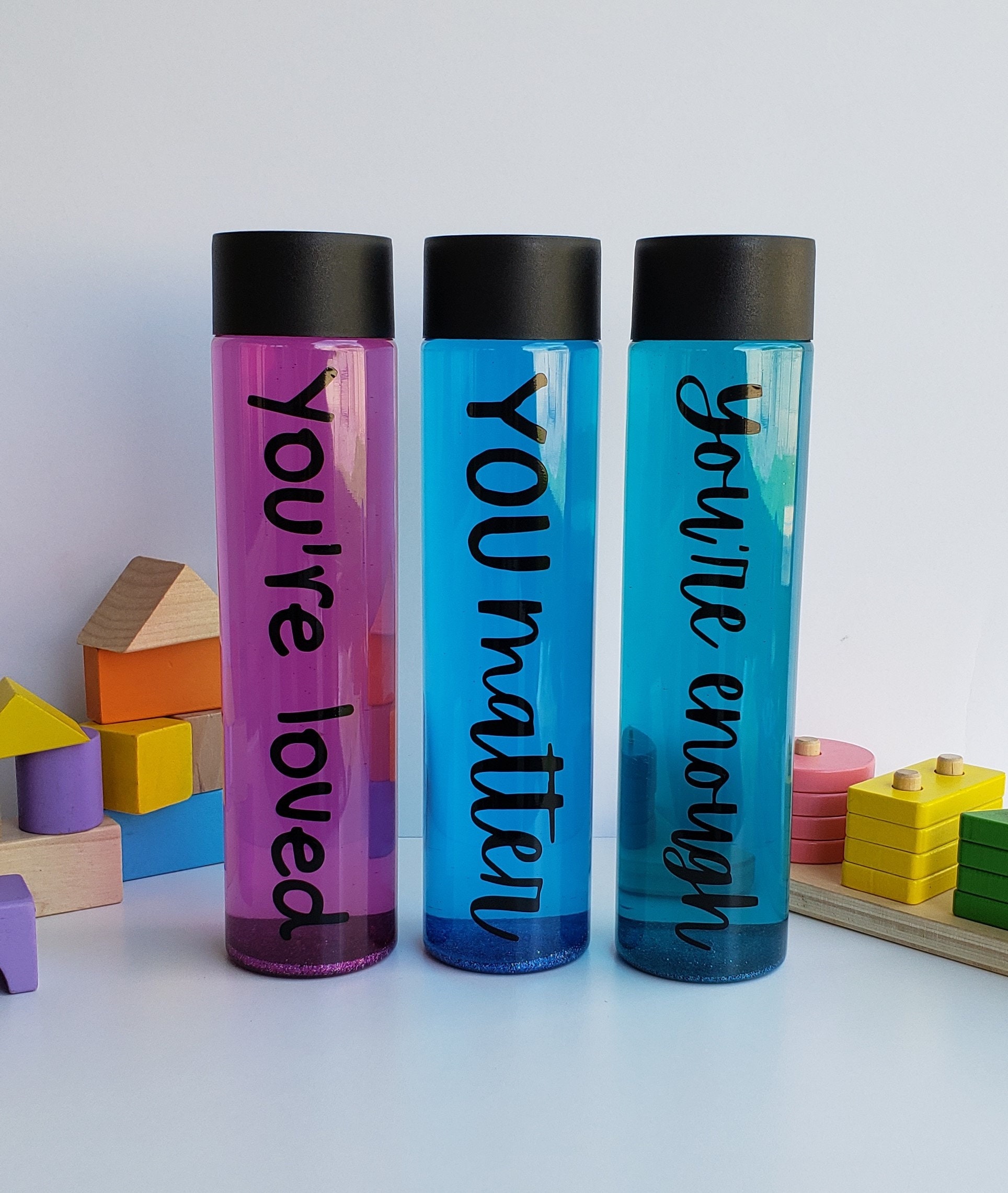 Words of affirmation sensory bottle for calm down corners or kits, time out, time in, anxiety, stress, and more