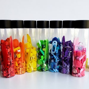 Rainbow I spy shakers, search, discovery, explore, Montessori play, sensory bottles for learning, development, distraction, and fun