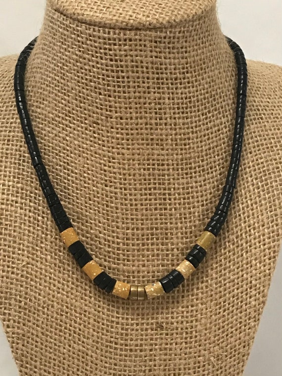 Black Coconut Shell Bead Choker with Tan and Brass