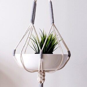 May include: A white macrame plant hanger with a gray accent, holding a white pot with a green plant. The hanger has a tassel at the bottom.