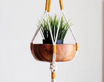 Macrame Plant Hanger, Hanging Planter, Mustard Yellow Color Block