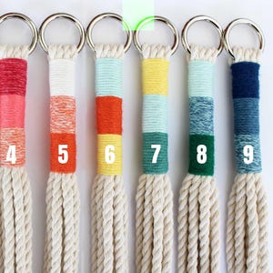 May include: Nine macrame plant hangers with different colored yarn accents. The hangers are made of natural cotton rope and have a silver metal ring at the top. The yarn colors are purple, red, orange, pink, white, yellow, blue, green, and navy blue.