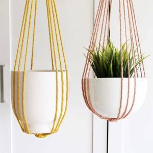 Peut inclure: Deux jardinières suspendues avec des pots en céramique blancs. L'une est suspendue par une corde jaune, l'autre par une corde rose. La jardinière jaune est vide, tandis que la rose contient des plantes vertes. Les deux sont sur fond blanc.