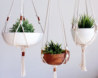 Macrame Plant Hanger, Hanging Planter, Macrame Pot Holder, Leather Suede and Cotton