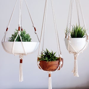 Macrame Plant Hanger, Hanging Planter, Macrame Pot Holder, Leather Suede and Cotton