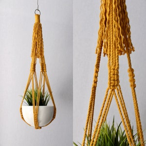 Macrame Plant Hanger, Hanging Planter, No Tassel, Mustard Yellow Macrame, Cat Friendly