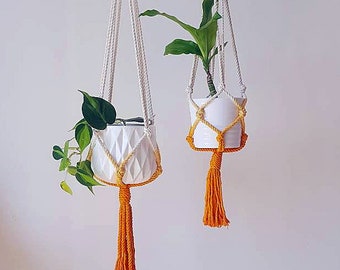 Macrame Plant Hanger, Dip Dyed Hanging Planter, Tangerine Orange