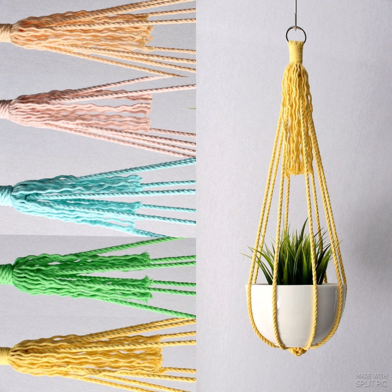 Cat Friendly Yellow Blue Hanging Planter Macrame Plant Hanger Colored Macrame No Tassel Green