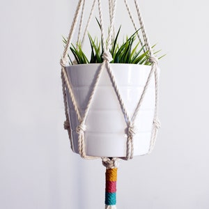 Peut inclure: Un pot en céramique blanc avec une plante verte à l'intérieur est suspendu à un porte-plante en macramé avec un pompon blanc et un détail de rayures colorées.