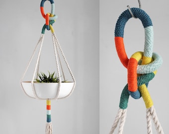 Macrame Plant Hanger, Hanging Planter, Color Block, Unique Macrame Plant Holder, Fruit Bowl Holder