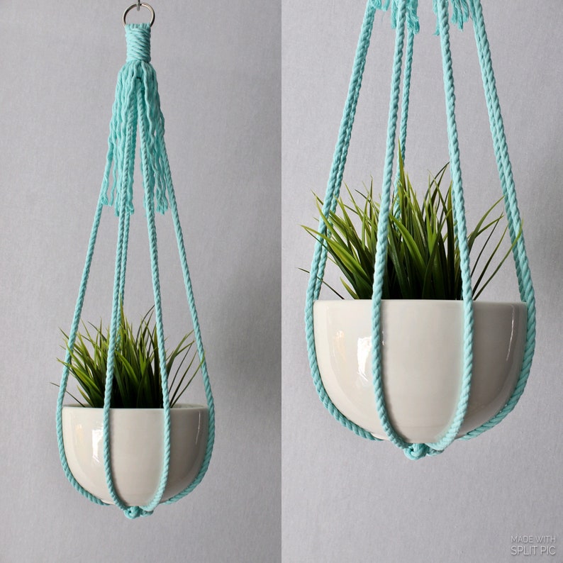 Cat Friendly Yellow Blue Hanging Planter Macrame Plant Hanger Colored Macrame No Tassel Green