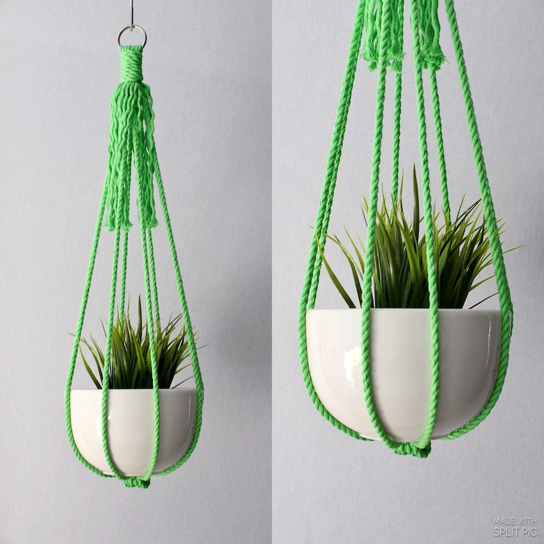 Cat Friendly Yellow Blue Hanging Planter Macrame Plant Hanger Colored Macrame No Tassel Green