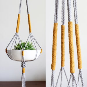 Macrame Plant Hanger, Hanging Planter, Grey and Mustard Yellow Color Block