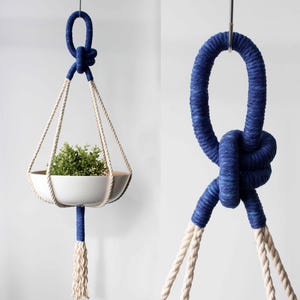 Macrame Plant Hanger, Blue Indigo Hanging Planter, Color Block, Dark Blue Indigo, Plant Holder, Hand-Dyed