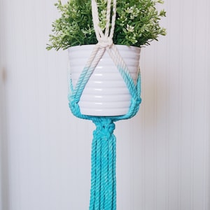 Macrame Plant Hanger, Dip-Dye, Ombre Plant Holder, Aquamarine