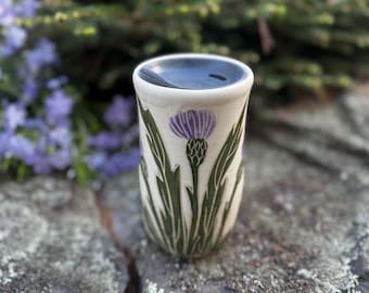 Handmade Thistle Flower Lidded Ceramic Travel Mug; Tumbler; Available in 12oz, 13oz, 14oz & 16oz for Coffee, Tea