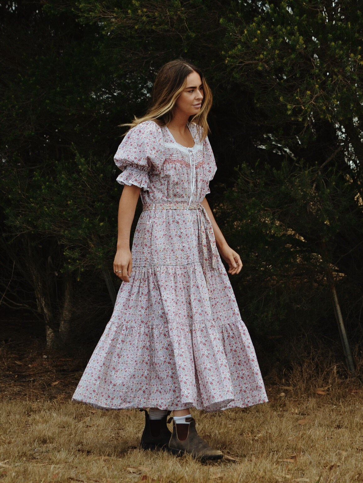 70's Vintage Puff Sleeve Pink Ditsy Floral Dress Made in 100