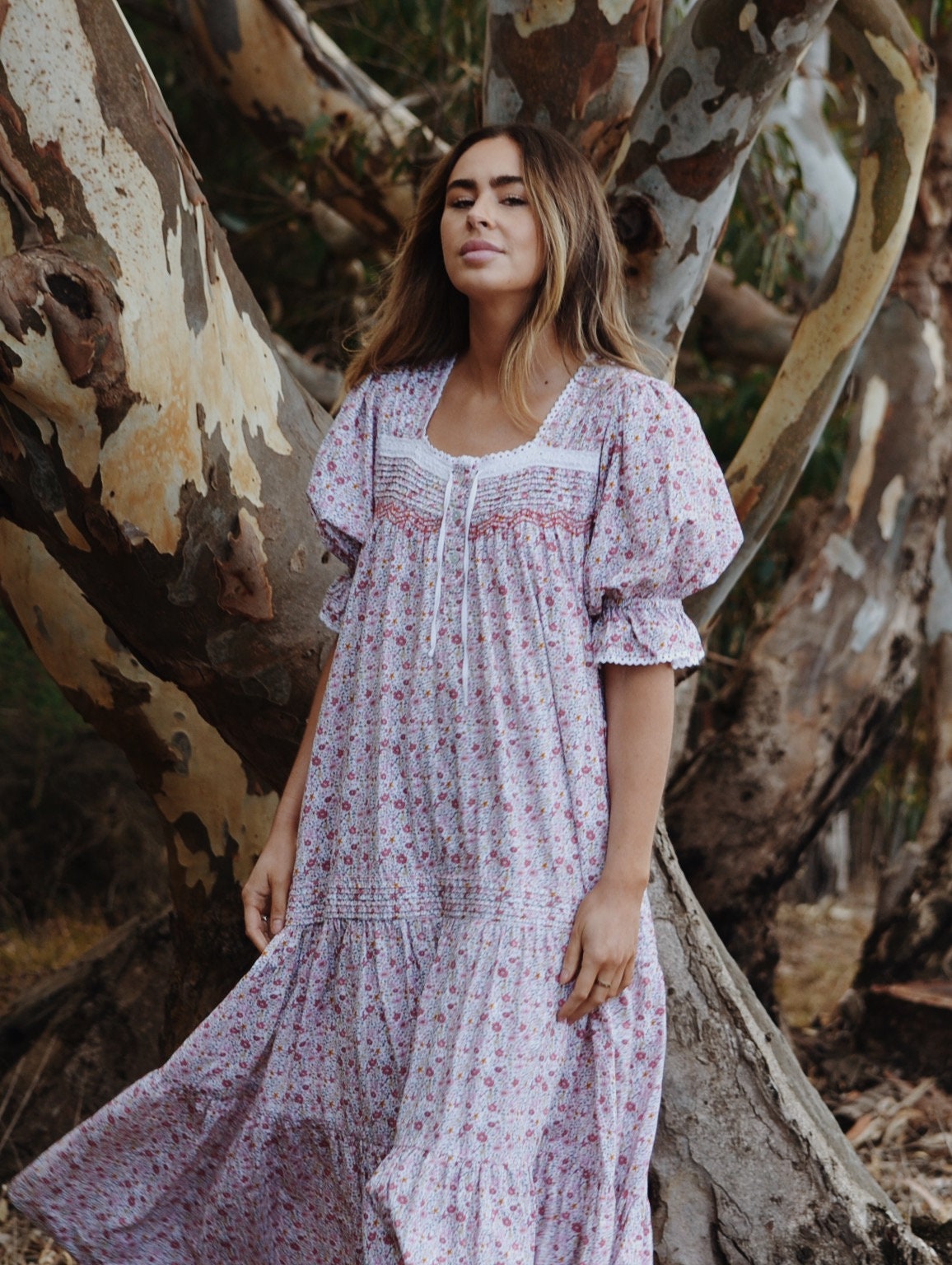 【売れ筋】 70's 100 in Made Dress Floral Ditsy Pink Sleeve Puff Vintage ワンピース