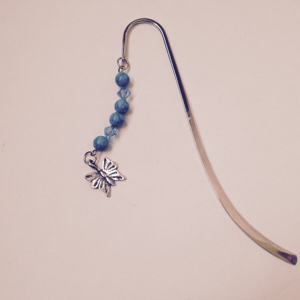 Handmade Bookmark with genuine aquamarine ,high quality glass beads and a butterfly charm, whimsical bookmark, bookmark, pretty bookmark