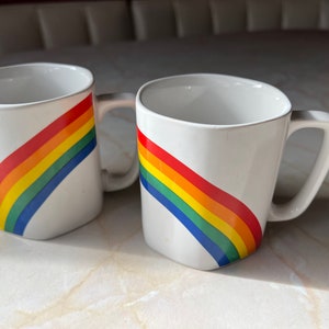 Vintage 1980s Hexagon Rainbow Mugs - Set of 2