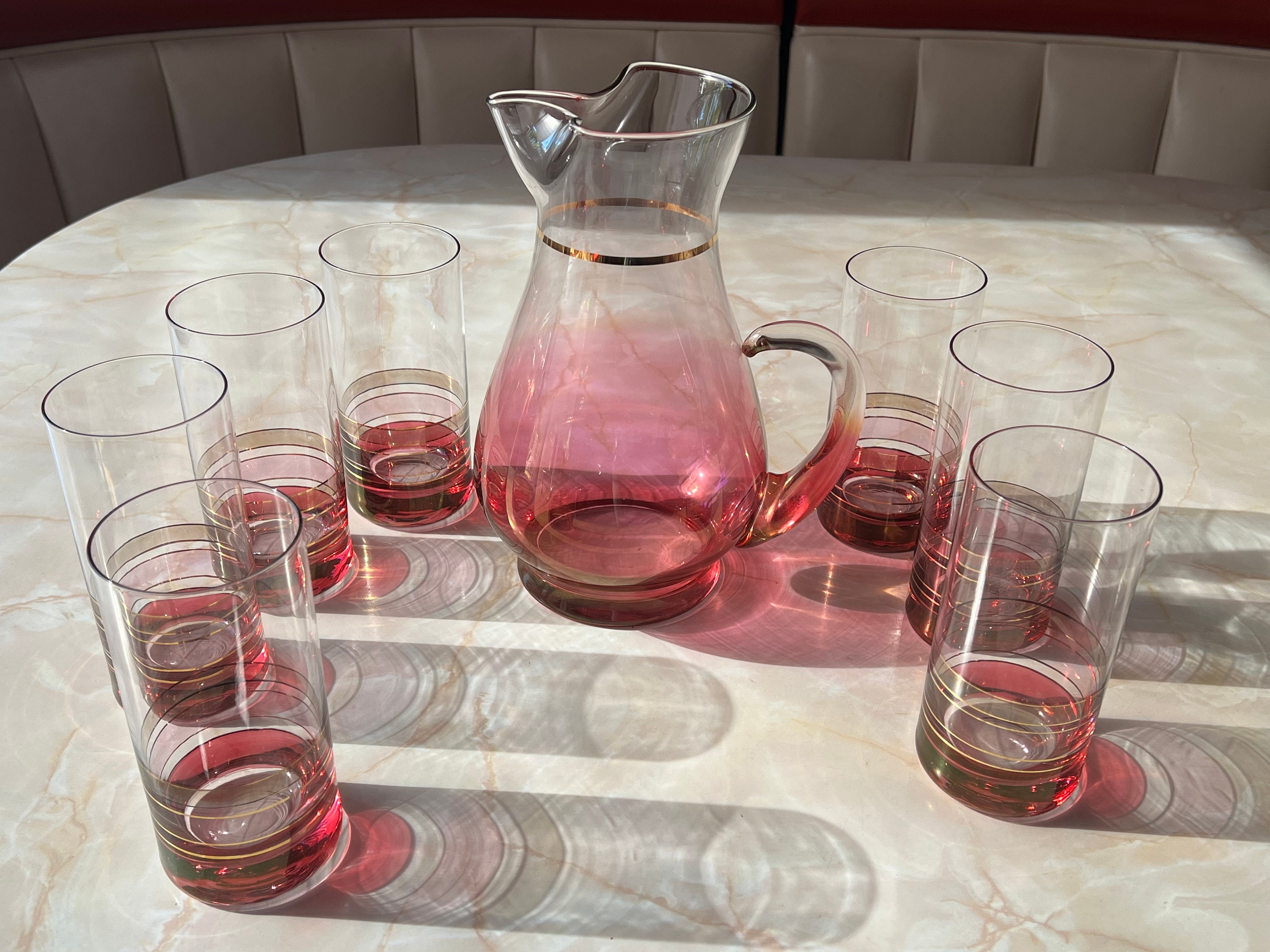 Vintage Cranberry Blendo Martini Pitcher Set: Red Flash Gold  Vtg. Blendo Ombre Rose Cranberry Glassware Set W/ Gold Trim main image 2