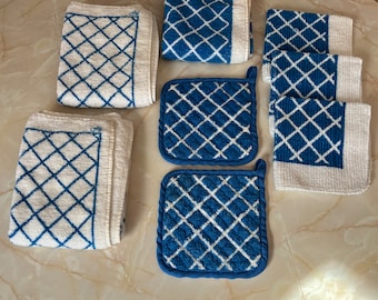 Vintage Kitchen towels + pot holder 8pc Set - Sayco Blue Diagonal Checkered