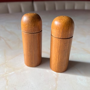 Vintage Mid-Century Teak Salt & Pepper Shakers - round mushrom-ish shape