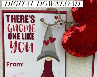 Gnome kids class valentine, digital download pdf, keychain, sequins, flip, elementary, preschool, toddler valentines, allergy friendly, diy