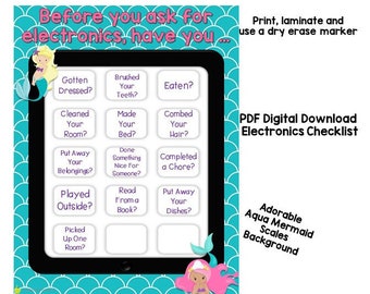 Digital Download Mermaid Electronics Checklist, diy, screen time, kids, chore chart, tablet, video games, pdf, reward chart, printable