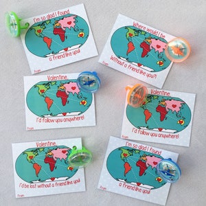 Printable World Map Valentine, Compass, Magnifying Glass, Preschool, Valentine's day, kids, diy, non food, school, kindergarten, elementary