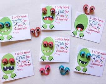 Printable non food school valentine I Only Have Eyes For You google eye ring monster card