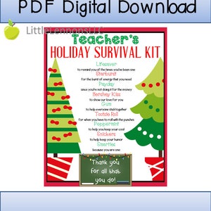 Digital Download Teacher's Holiday Survival Kit Printable, teacher, teacher appreciation, teacher gift, child to teacher, DIY, christmas image 1