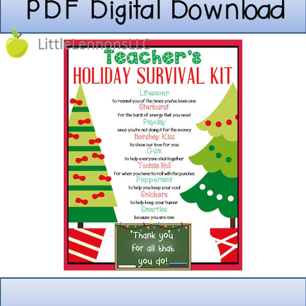 Digital Download Teacher's Holiday Survival Kit Printable, teacher, teacher appreciation, teacher gift, child to teacher, DIY, christmas