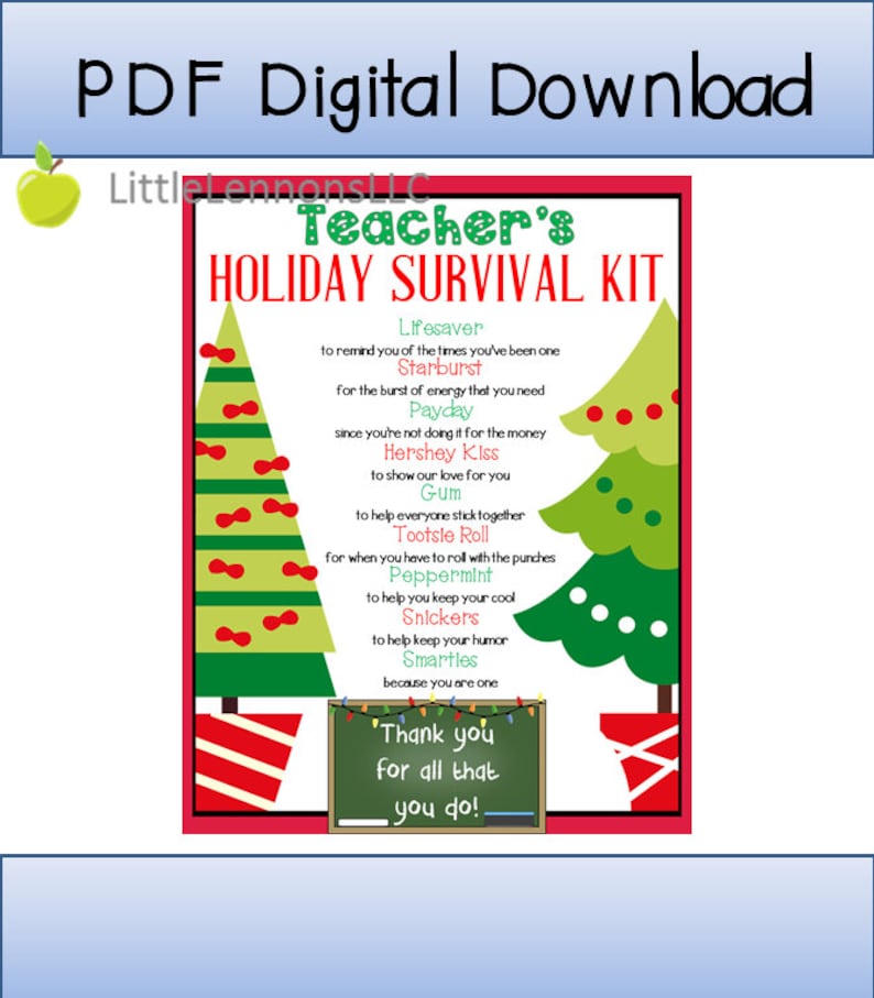 Digital Download Teacher's Holiday Survival Kit Printable, teacher, teacher appreciation, teacher gift, child to teacher, DIY, christmas image 1