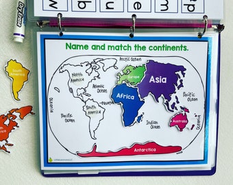 Continent Matching digital download busy book page, homeschool, educational materials, world map, PreK, kindergarten, activities for kids