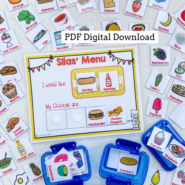 Tableau de choix alimentaires à téléchargement numérique, menu, visuel, autisme, TDAH, orthophonie, thérapie, aliments, tableau illustré, dîner, non verbal, graphique, ressource