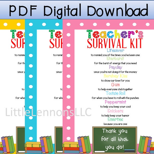 Digital Download Teacher's Survival Kit Printable, teacher, teacher appreciation, gift, child to teacher, DIY gift, candy printable, pdf