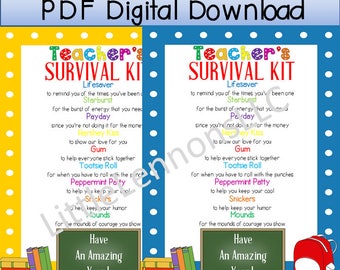 Digital Download Teacher's Survival Kit Printable, teacher gift, first day of school, gift from child to teacher, DIY gift, candy printable