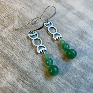 Green Aventurine silver triple goddess moon earrings